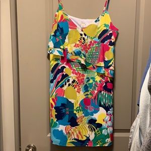 J crew mini dress with floral pattern and ruffle